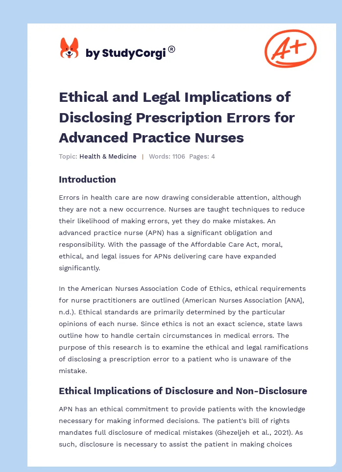 Ethical and Legal Implications of Disclosing Prescription Errors for Advanced Practice Nurses. Page 1