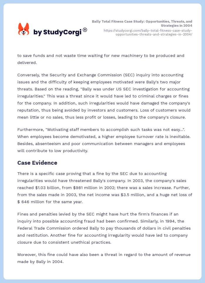 Bally Total Fitness Case Study: Opportunities, Threats, and Strategies in 2004. Page 2