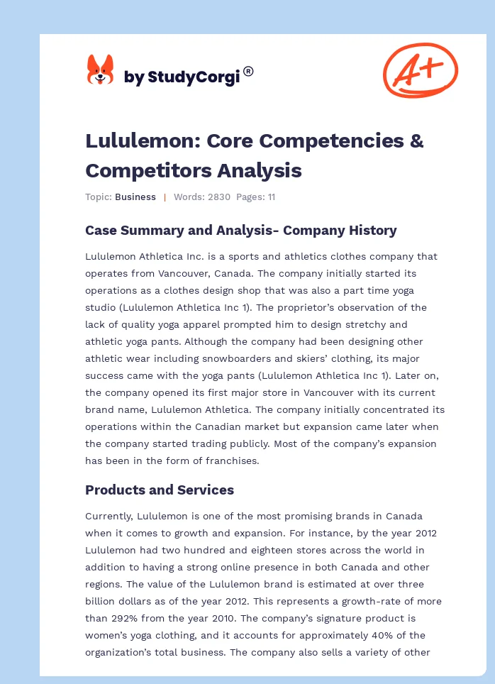 Lululemon: Core Competencies & Competitors Analysis. Page 1