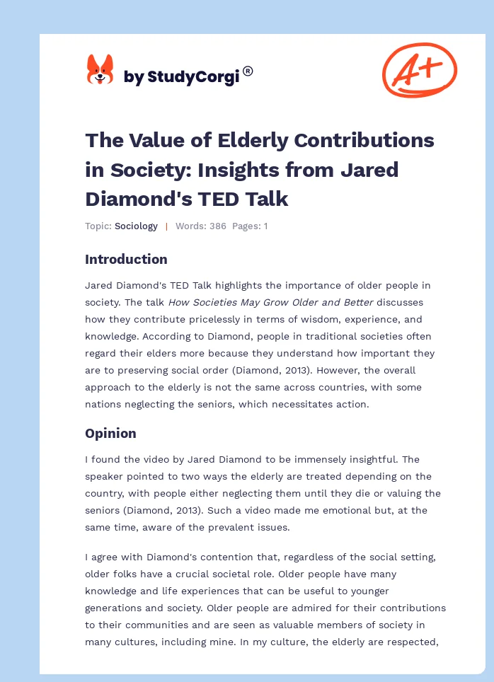 The Value of Elderly Contributions in Society: Insights from Jared Diamond's TED Talk. Page 1