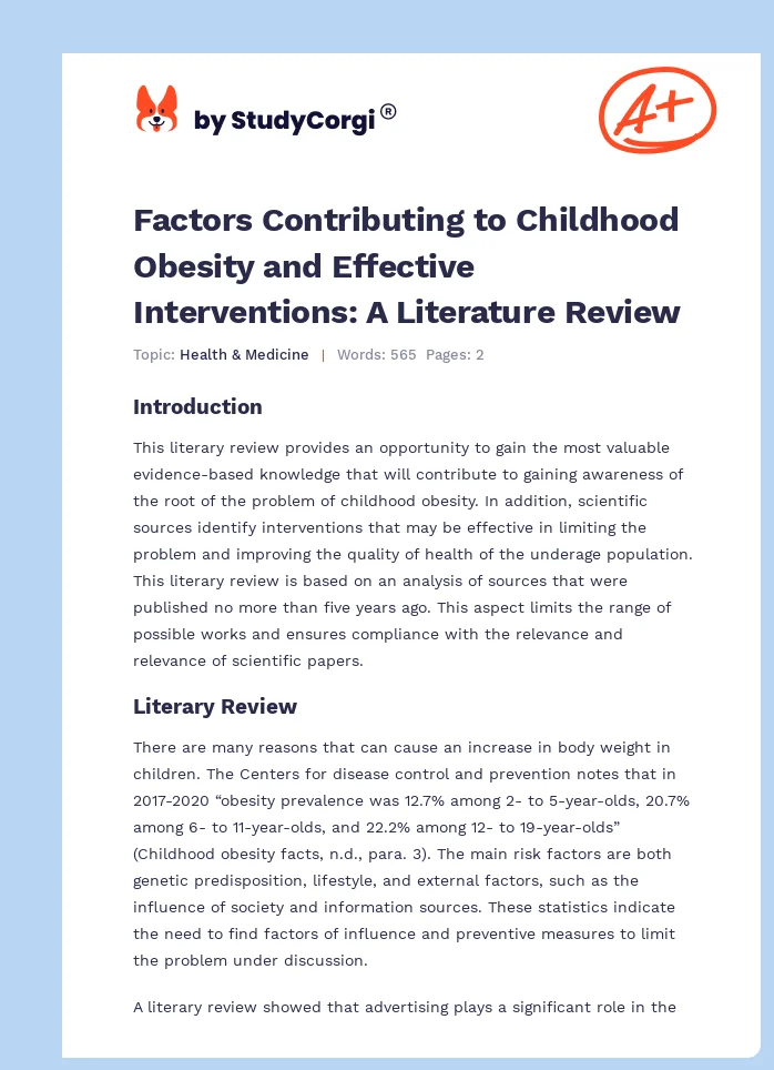 Factors Contributing to Childhood Obesity and Effective Interventions: A Literature Review. Page 1