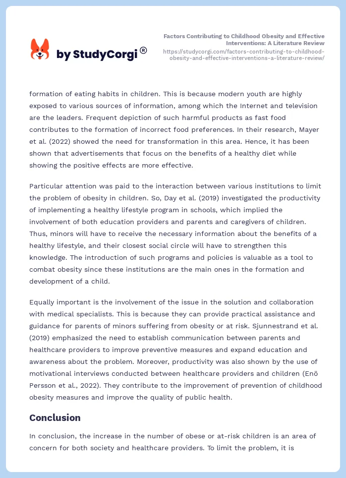 Factors Contributing to Childhood Obesity and Effective Interventions: A Literature Review. Page 2