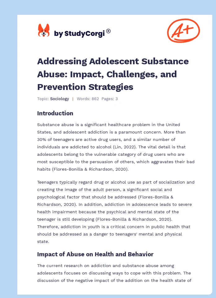 Addressing Adolescent Substance Abuse: Impact, Challenges, and Prevention Strategies. Page 1