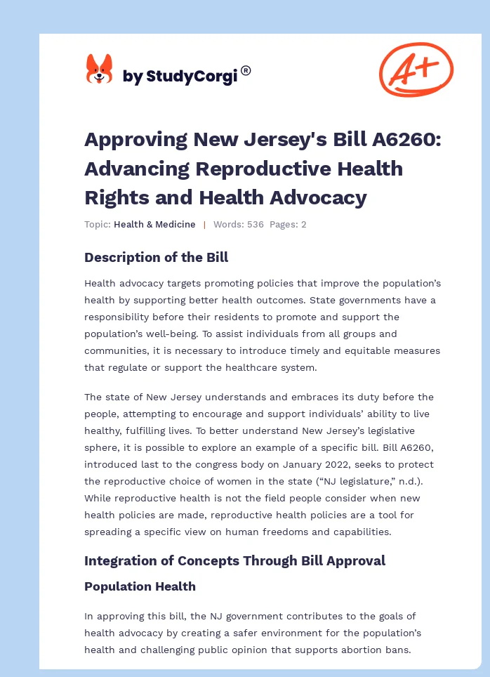 Approving New Jersey's Bill A6260: Advancing Reproductive Health Rights and Health Advocacy. Page 1