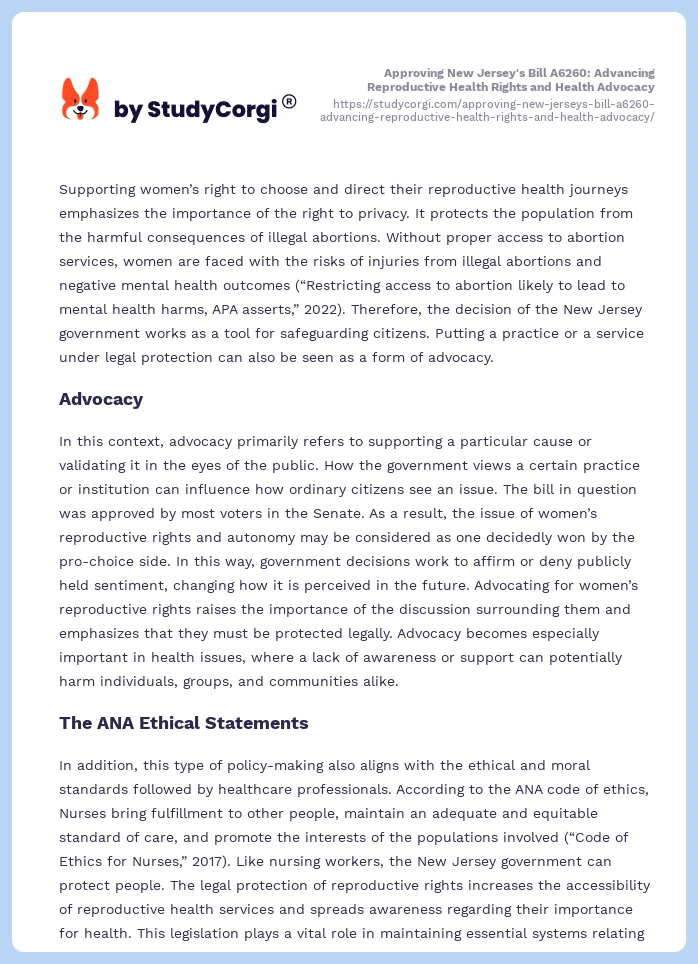 Approving New Jersey's Bill A6260: Advancing Reproductive Health Rights and Health Advocacy. Page 2