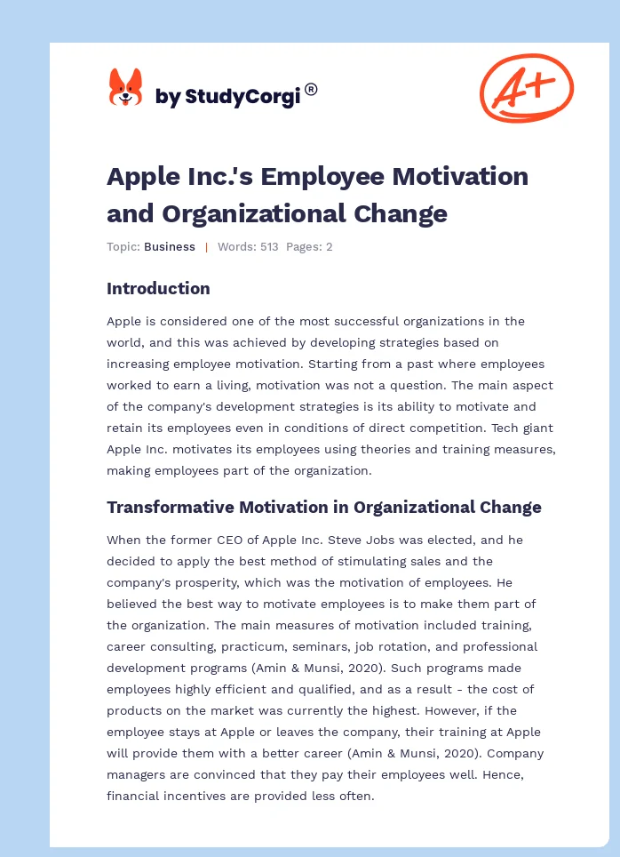 Apple Inc.'s Employee Motivation and Organizational Change. Page 1