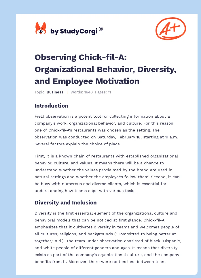 Observing Chick-fil-A: Organizational Behavior, Diversity, and Employee Motivation. Page 1