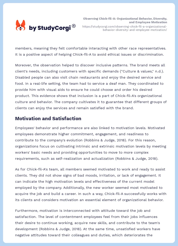 Observing Chick-fil-A: Organizational Behavior, Diversity, and Employee Motivation. Page 2