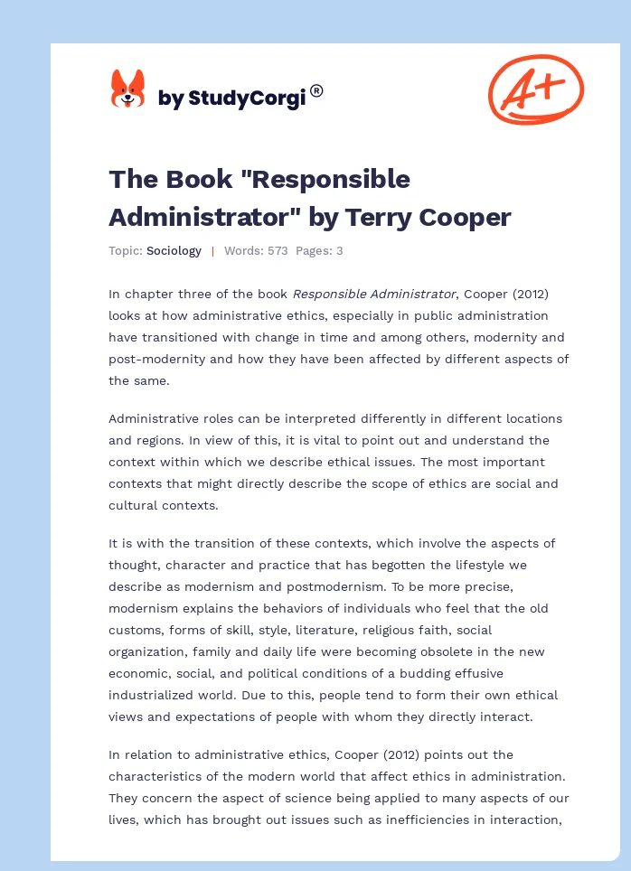 The Book "Responsible Administrator" by Terry Cooper. Page 1