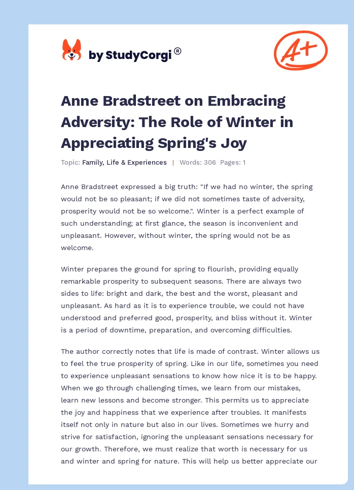 Anne Bradstreet on Embracing Adversity: The Role of Winter in Appreciating Spring's Joy. Page 1