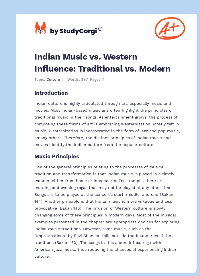 Indian Music vs. Western Influence: Traditional vs. Modern. Page 1