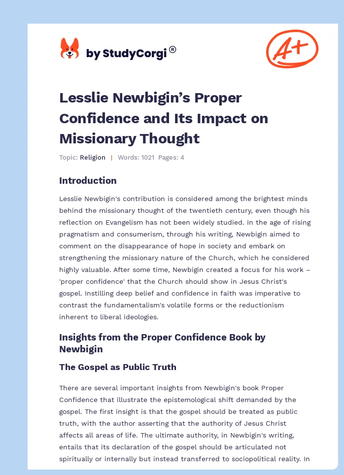 Lesslie Newbigin’s Proper Confidence and Its Impact on Missionary Thought. Page 1