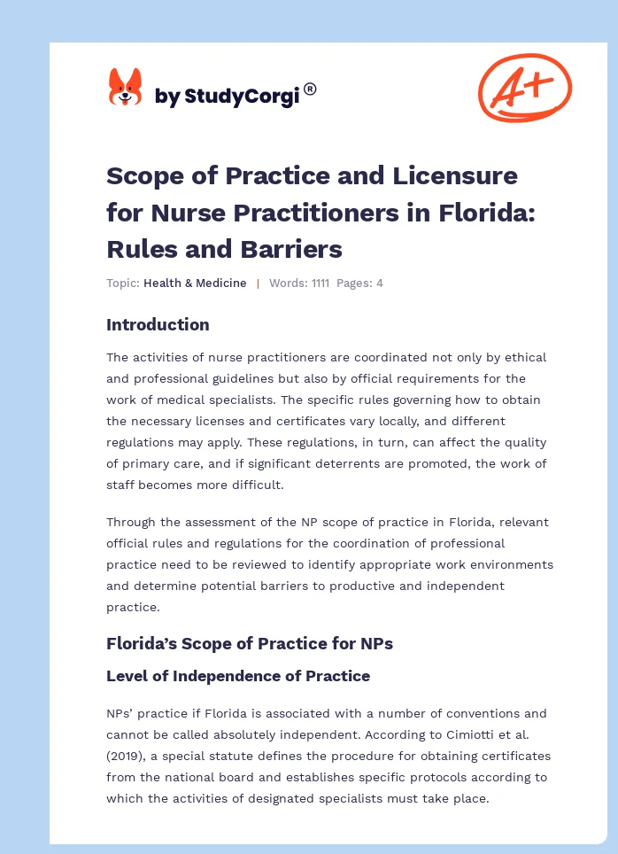 Scope of Practice and Licensure for Nurse Practitioners in Florida: Rules and Barriers. Page 1