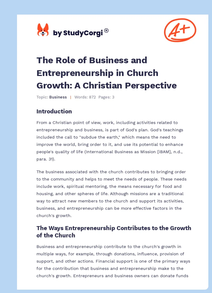 The Role of Business and Entrepreneurship in Church Growth: A Christian Perspective. Page 1