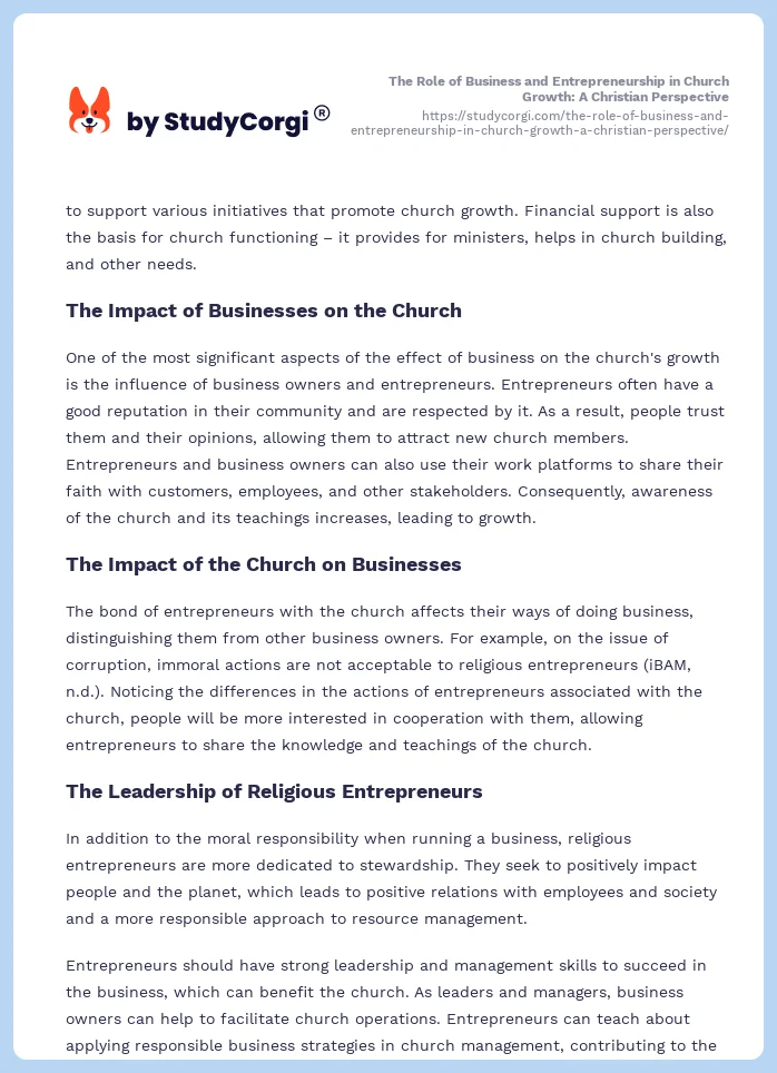 The Role of Business and Entrepreneurship in Church Growth: A Christian Perspective. Page 2