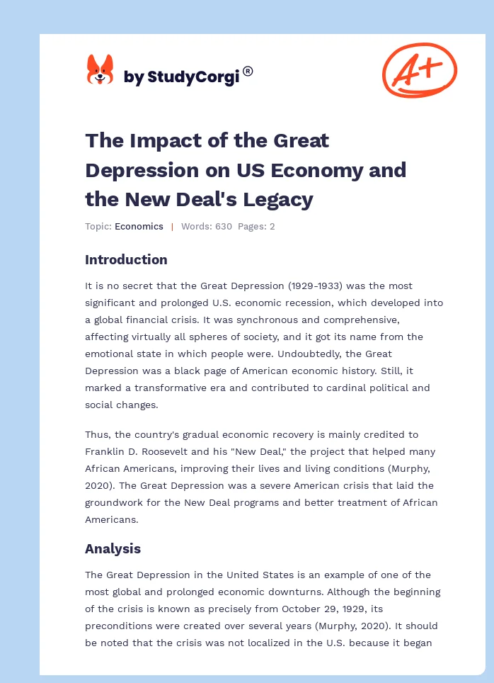 The Impact of the Great Depression on US Economy and the New Deal's Legacy. Page 1