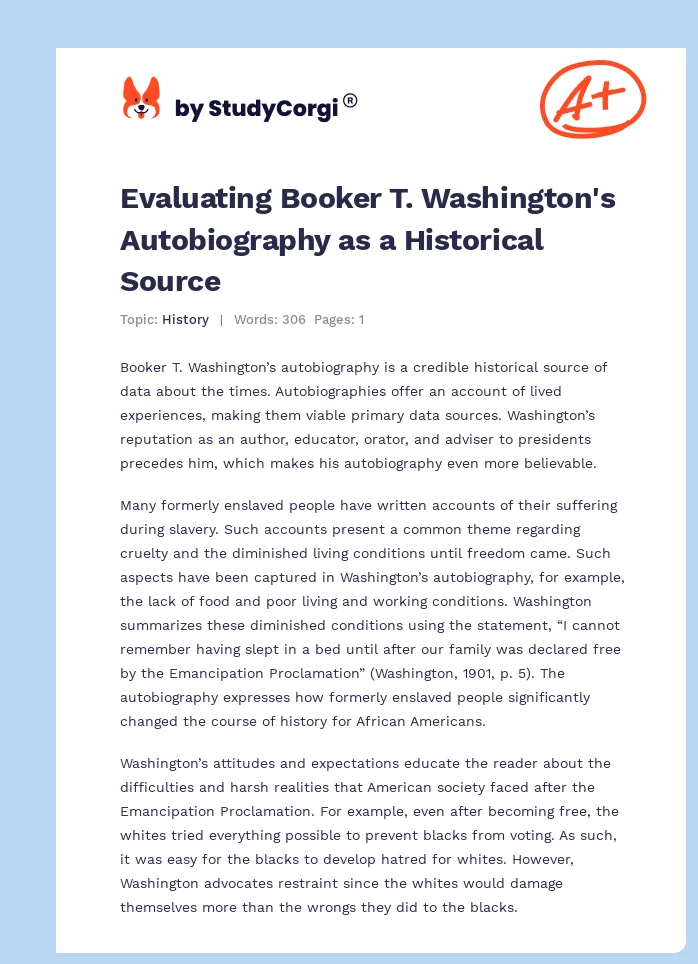 Evaluating Booker T. Washington's Autobiography as a Historical Source. Page 1