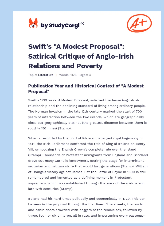 Swift's "A Modest Proposal": Satirical Critique of Anglo-Irish Relations and Poverty. Page 1