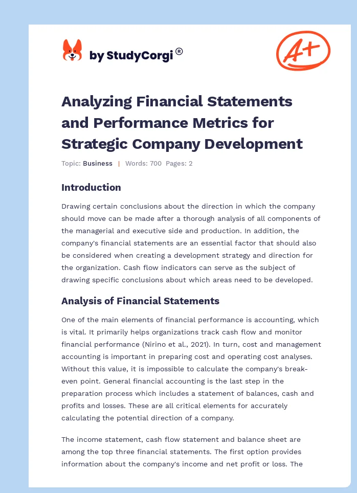 Analyzing Financial Statements and Performance Metrics for Strategic Company Development. Page 1