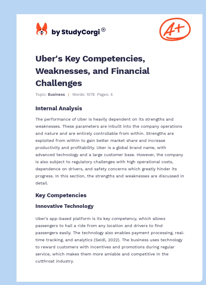 Uber's Key Competencies, Weaknesses, and Financial Challenges. Page 1