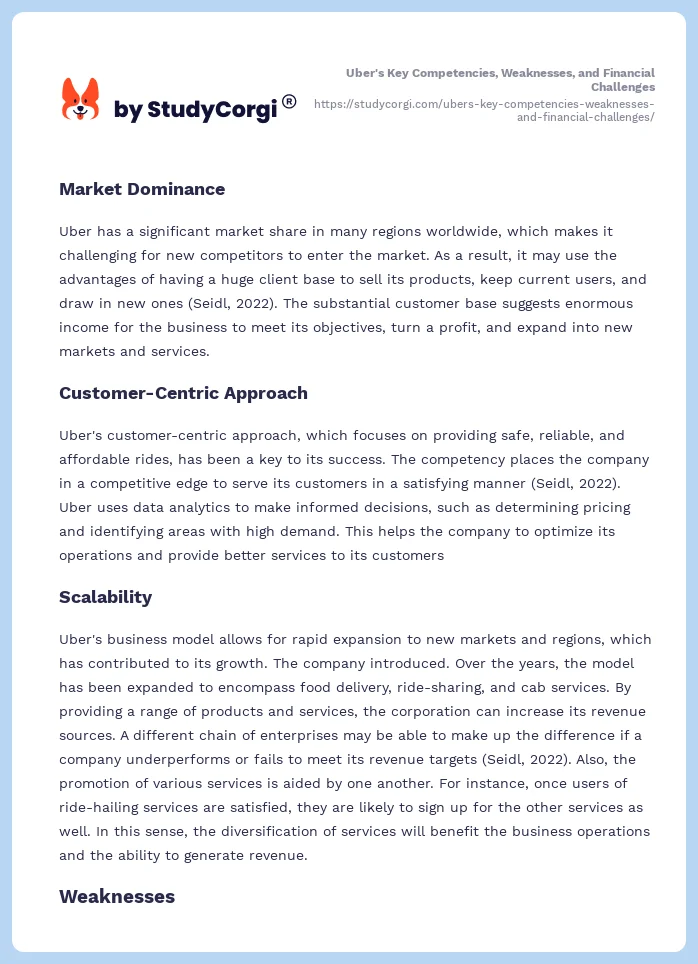 Uber's Key Competencies, Weaknesses, and Financial Challenges. Page 2