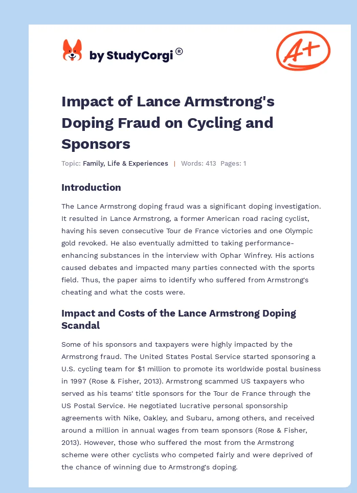 Impact of Lance Armstrong's Doping Fraud on Cycling and Sponsors. Page 1