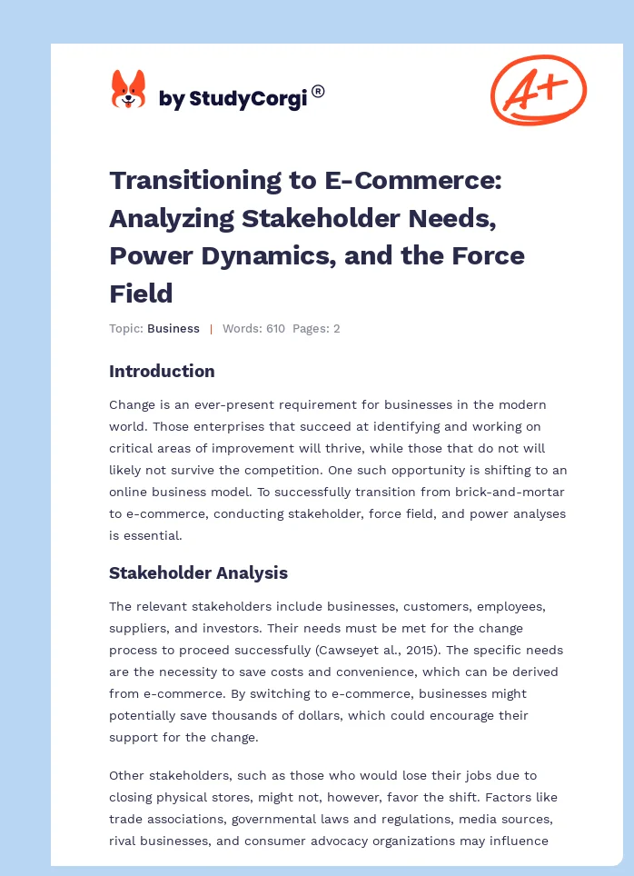 Transitioning to E-Commerce: Analyzing Stakeholder Needs, Power Dynamics, and the Force Field. Page 1