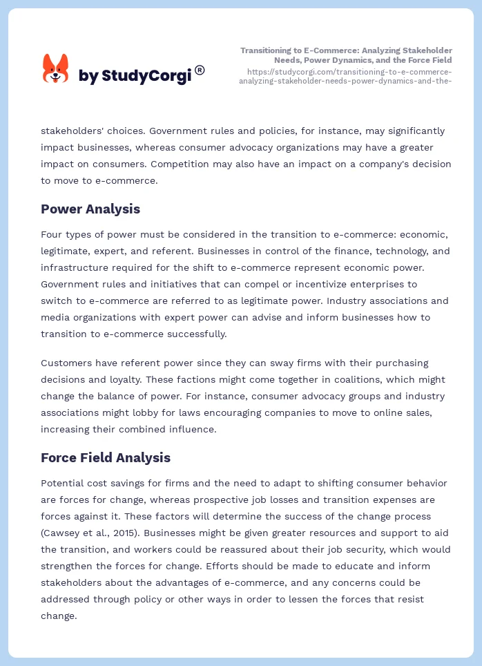 Transitioning to E-Commerce: Analyzing Stakeholder Needs, Power Dynamics, and the Force Field. Page 2