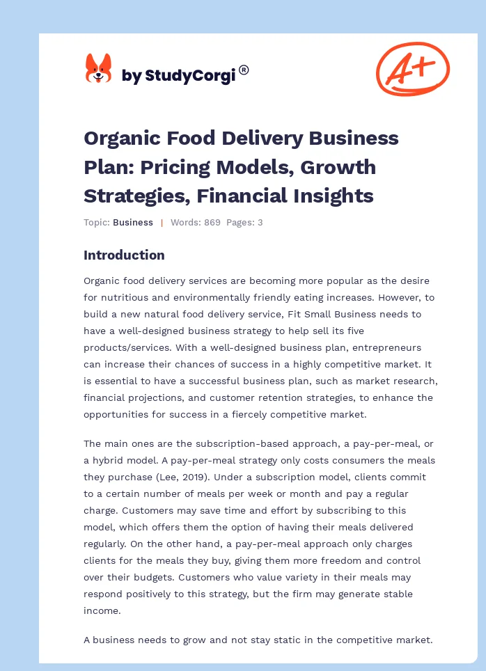 Organic Food Delivery Business Plan: Pricing Models, Growth Strategies, Financial Insights. Page 1