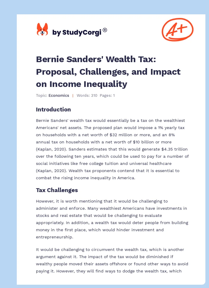 Bernie Sanders' Wealth Tax: Proposal, Challenges, and Impact on Income Inequality. Page 1