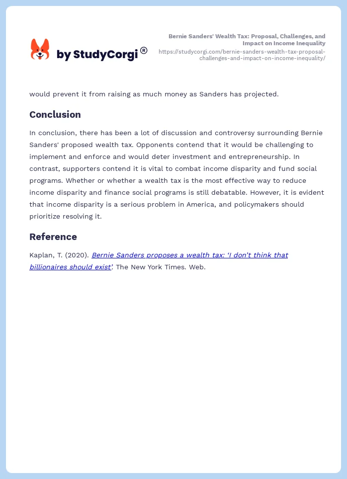 Bernie Sanders' Wealth Tax: Proposal, Challenges, and Impact on Income Inequality. Page 2