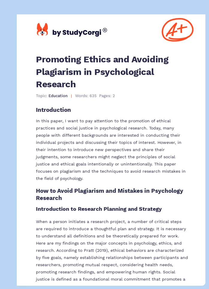 Promoting Ethics and Avoiding Plagiarism in Psychological Research. Page 1