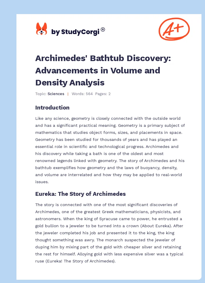 Archimedes' Bathtub Discovery: Advancements in Volume and Density Analysis. Page 1