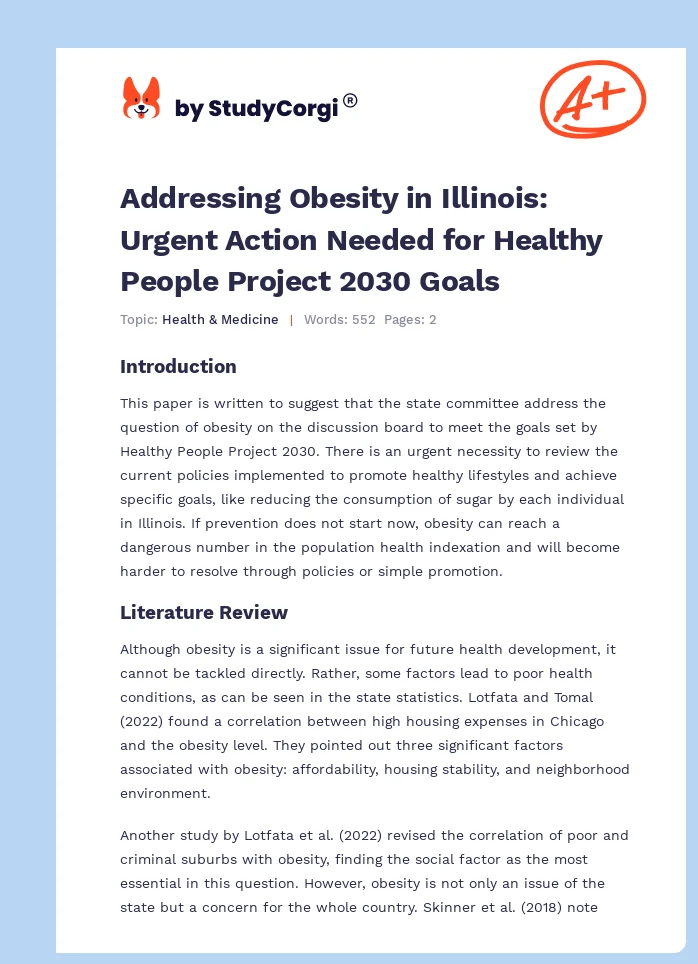 Addressing Obesity in Illinois: Urgent Action Needed for Healthy People Project 2030 Goals. Page 1