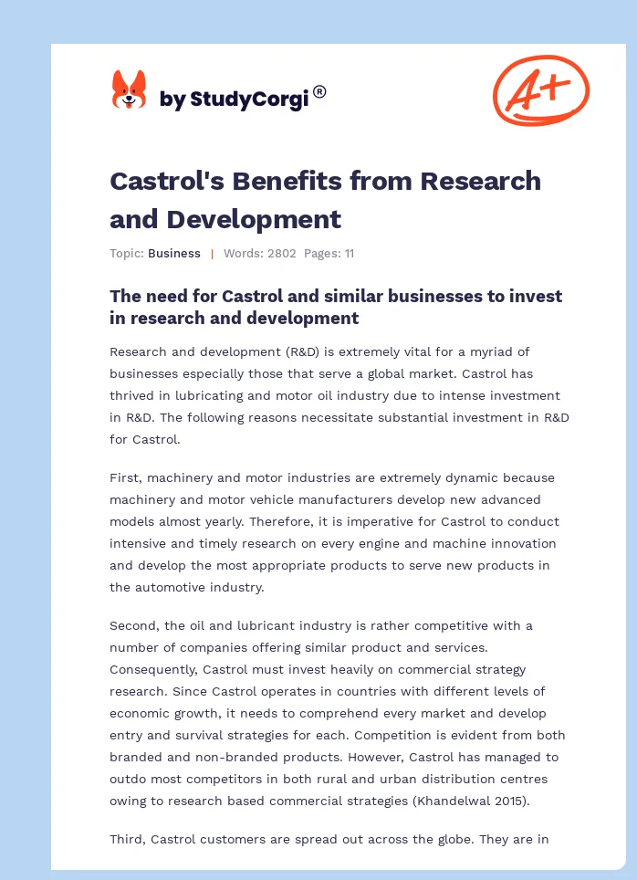 Castrol's Benefits from Research and Development. Page 1