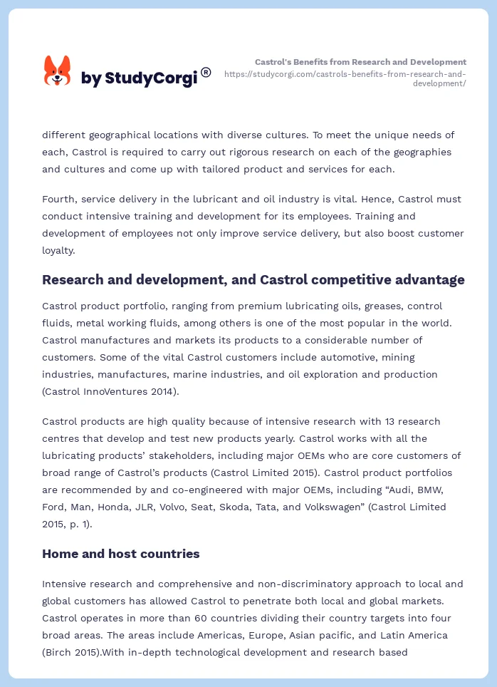 Castrol's Benefits from Research and Development. Page 2