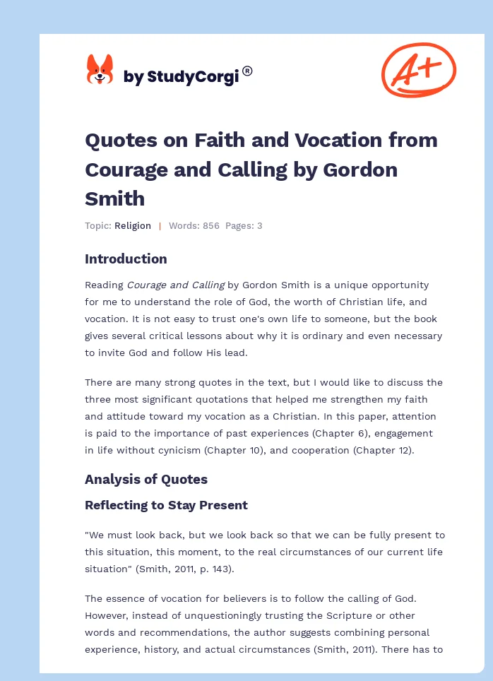 Quotes on Faith and Vocation from Courage and Calling by Gordon Smith. Page 1