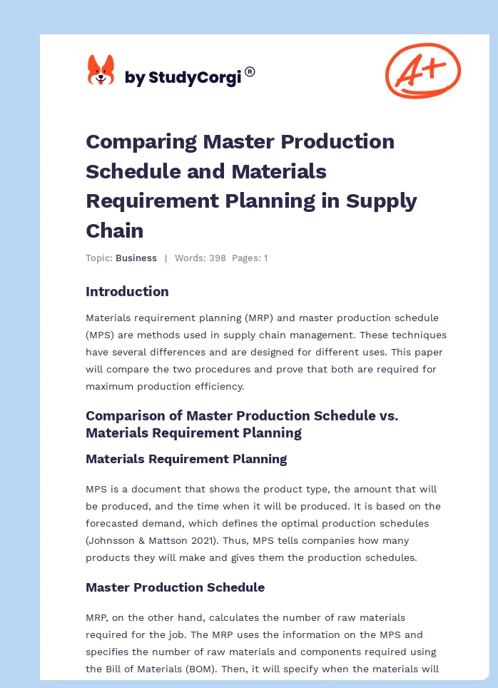 Comparing Master Production Schedule and Materials Requirement Planning in Supply Chain. Page 1