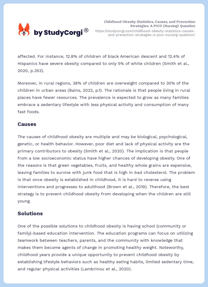 Childhood Obesity Statistics, Causes, and Prevention Strategies: A PICO (Nursing) Question. Page 2