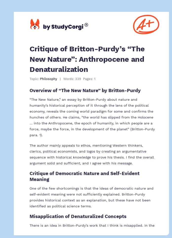 Critique of Britton-Purdy’s “The New Nature”: Anthropocene and Denaturalization. Page 1