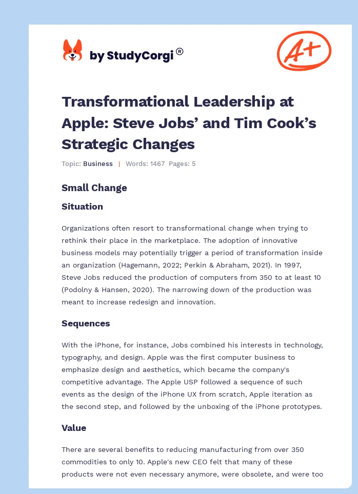 Transformational Leadership at Apple: Steve Jobs’ and Tim Cook’s Strategic Changes. Page 1