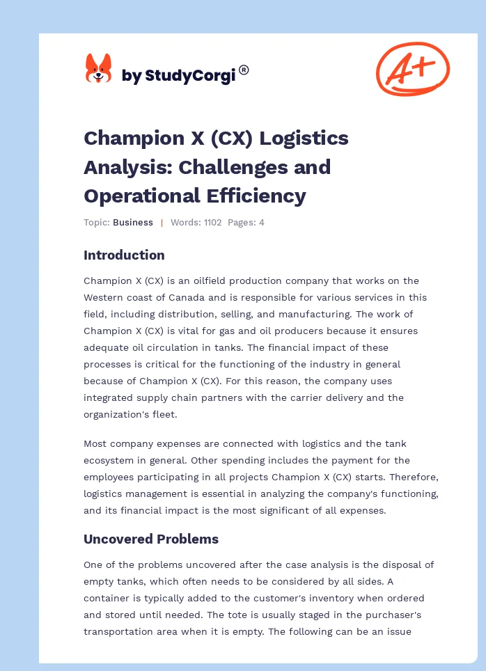 Champion X (CX) Logistics Analysis: Challenges and Operational Efficiency. Page 1