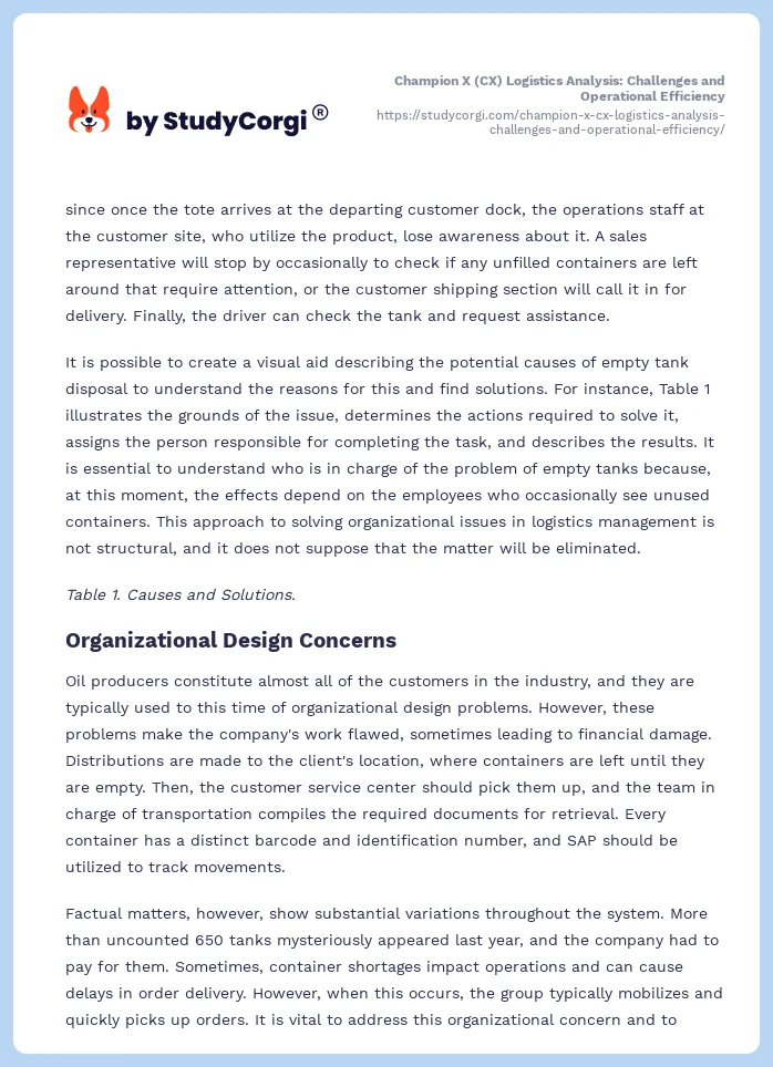 Champion X (CX) Logistics Analysis: Challenges and Operational Efficiency. Page 2