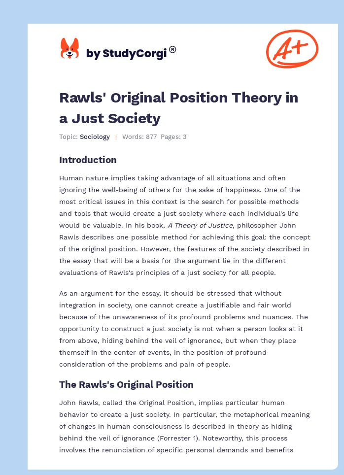 Rawls' Original Position Theory in a Just Society. Page 1