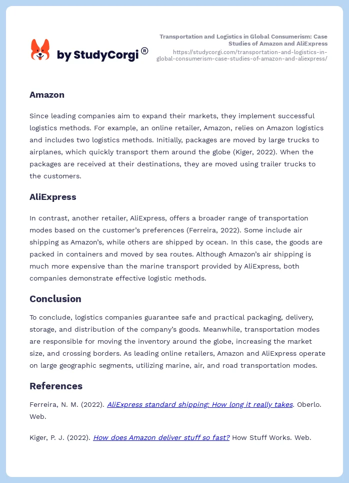 Transportation and Logistics in Global Consumerism: Case Studies of Amazon and AliExpress. Page 2