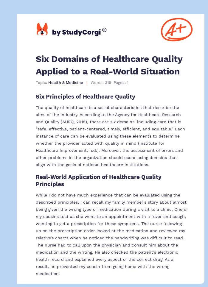 Six Domains of Healthcare Quality Applied to a Real-World Situation. Page 1