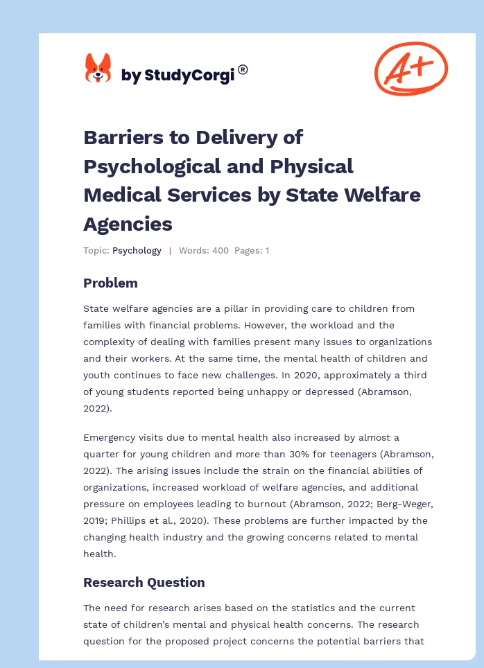 Barriers to Delivery of Psychological and Physical Medical Services by State Welfare Agencies. Page 1