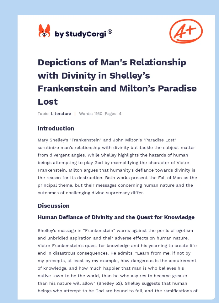 Depictions of Man's Relationship with Divinity in Shelley’s Frankenstein and Milton’s Paradise Lost. Page 1