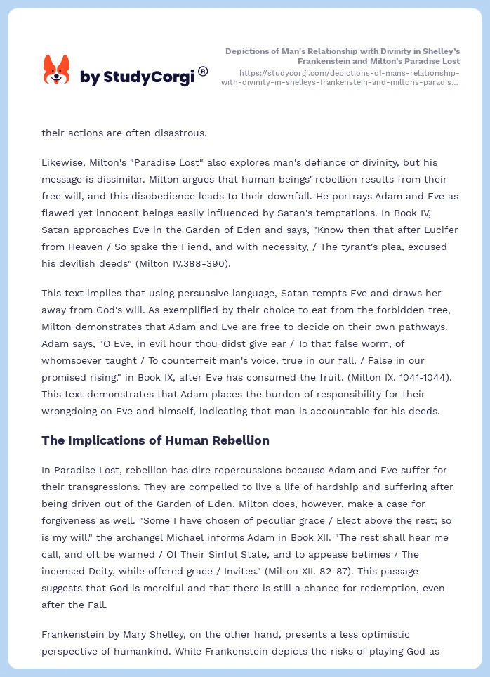 Depictions of Man's Relationship with Divinity in Shelley’s Frankenstein and Milton’s Paradise Lost. Page 2