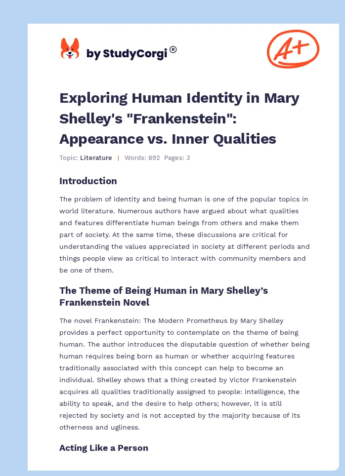 Exploring Human Identity in Mary Shelley's "Frankenstein": Appearance vs. Inner Qualities. Page 1